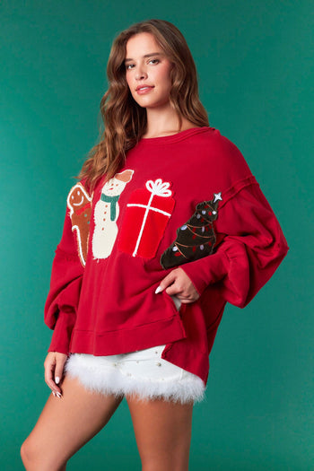 Fantastic Fawn OVERSIZED French Terry Top with Christmas Patch Front In Crimson