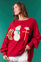 Fantastic Fawn OVERSIZED French Terry Top with Christmas Patch Front In Crimson
