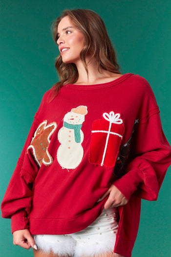 Fantastic Fawn OVERSIZED French Terry Top with Christmas Patch Front In Crimson