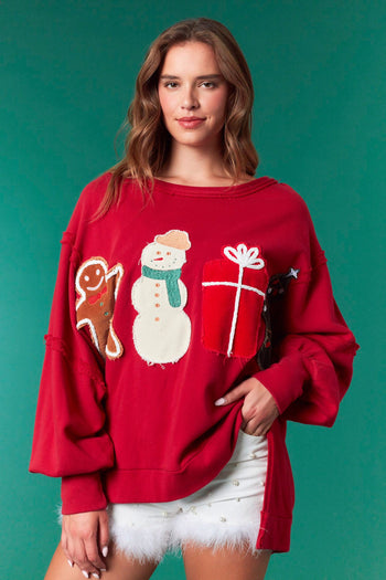 Fantastic Fawn OVERSIZED French Terry Top with Christmas Patch Front In Crimson