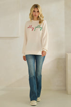 Load image into Gallery viewer, Tres Bien Solid Color Cloudy Knit Top with HOLLY JOLLY Graphic Print Front in Cream
