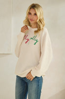 Tres Bien Solid Color Cloudy Knit Top with HOLLY JOLLY Graphic Print Front in Cream
