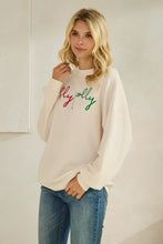 Load image into Gallery viewer, Tres Bien Solid Color Cloudy Knit Top with HOLLY JOLLY Graphic Print Front in Cream
