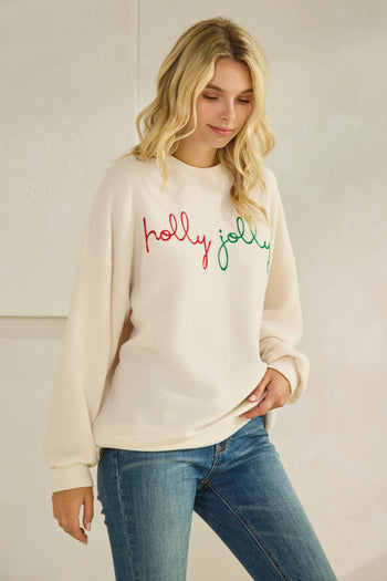 Tres Bien Solid Color Cloudy Knit Top with HOLLY JOLLY Graphic Print Front in Cream