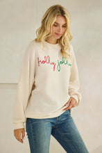 Load image into Gallery viewer, Tres Bien Solid Color Cloudy Knit Top with HOLLY JOLLY Graphic Print Front in Cream
