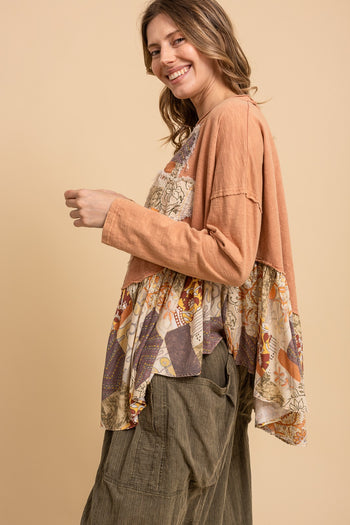 BlueVelvet Playful Heart Patchwork OVERSIZED Ruffle Hem Top in Coral