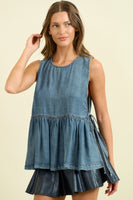 Doe & Rae Sleeveless Side Tie Peplum Top in Denim