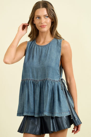 Doe & Rae Sleeveless Side Tie Peplum Top in Denim