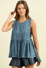 Load image into Gallery viewer, Doe &amp; Rae Sleeveless Side Tie Peplum Top in Denim
