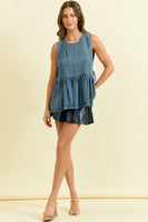 Doe & Rae Sleeveless Side Tie Peplum Top in Denim