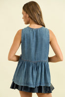 Doe & Rae Sleeveless Side Tie Peplum Top in Denim
