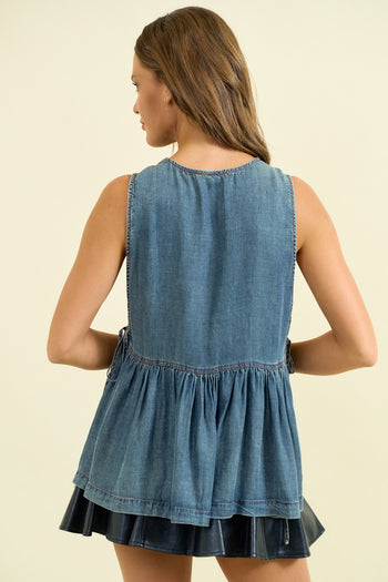 Doe & Rae Sleeveless Side Tie Peplum Top in Denim