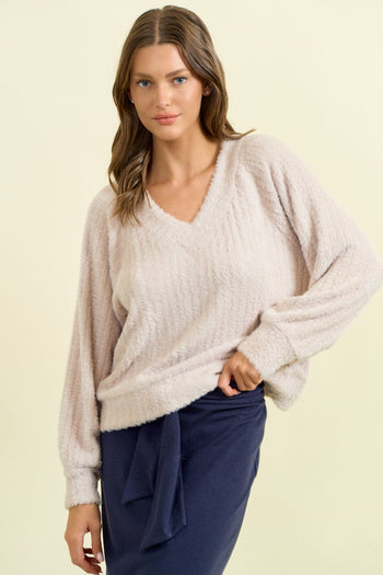 Doe & Rae Soft Textured Knit Sweater in Beige
