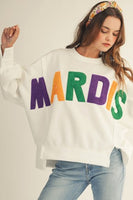 LovLov Solid Color French Terry Sweatshirt with Textured MARDIS Letter Patched Front in Ivory