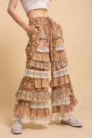 BlueVelvet Floral Print Tiered Ruffle Wide Leg Pants in Dusty Orange Multi