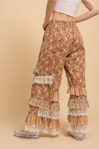 BlueVelvet Floral Print Tiered Ruffle Wide Leg Pants in Dusty Orange Multi