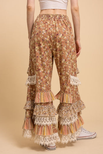BlueVelvet Floral Print Tiered Ruffle Wide Leg Pants in Dusty Orange Multi