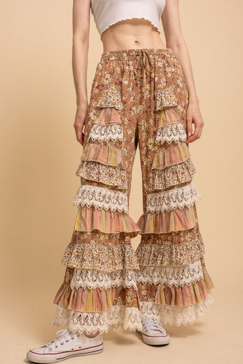 BlueVelvet Floral Print Tiered Ruffle Wide Leg Pants in Dusty Orange Multi
