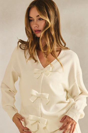 LovLov Solid Color Knit Cardigan with Bow Front Details in Ivory
