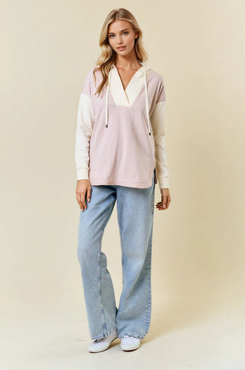 Doe & Rae Colorblock Hooded Top in Oat