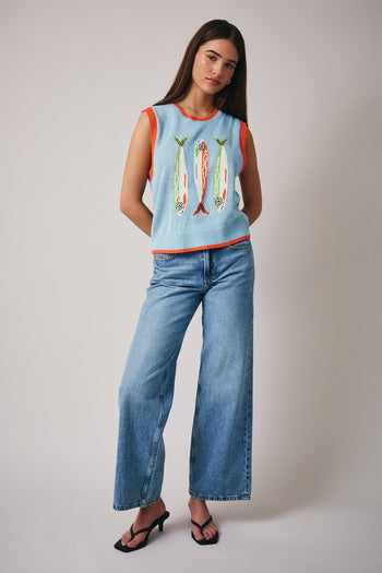 Sunday Edition Knit Fish Sweater Vest in Light Blue ON ORDER