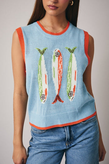 Sunday Edition Knit Fish Sweater Vest in Light Blue ON ORDER
