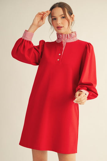 Jodifl Solid Color Shift Dress with Striped Accents in Red