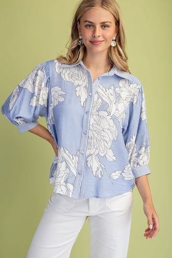 GiGio Floral Print Button Down Top in Misty Blue Mix