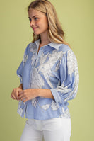 GiGio Floral Print Button Down Top in Misty Blue Mix