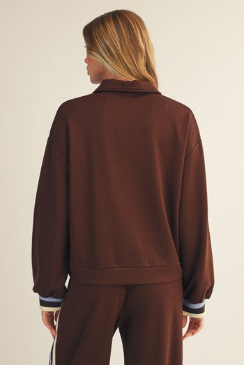 Jodifl Color Block Trim Detailed Half Zip Sweatshirt in Brown