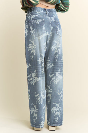 J.nna Denim Floral Print Pants in Floral Wash Dark