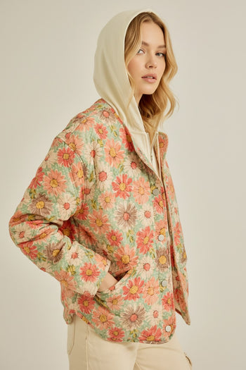 TRENDiLiTY Quilted Floral Print Puffer and Fleece Jacket in Ivory