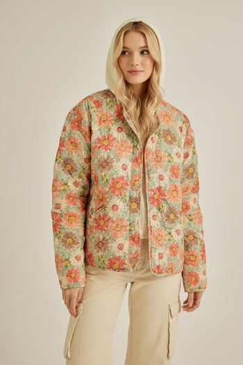 TRENDiLiTY Quilted Floral Print Puffer and Fleece Jacket in Ivory