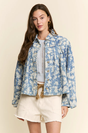 J.nna Floral Print Pleated Denim Jacket in Med Blue Denim