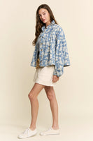 J.nna Floral Print Pleated Denim Jacket in Med Blue Denim