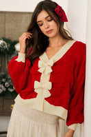 LovLov Knit Cardigan with Bow Front Details in Red/Oatmeal