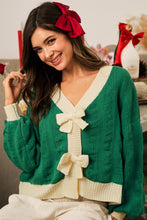 Load image into Gallery viewer, LovLov Knit Cardigan with Bow Front Details in Jade/Oatmeal
