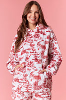 Peach Love Christmas Sight Print Quilted Velour Hooded Top in Crimson