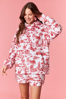 Peach Love Christmas Sight Print Quilted Velour Hooded Top in Crimson