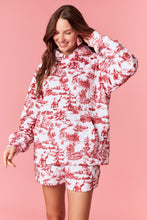 Load image into Gallery viewer, Peach Love Christmas Sight Print Quilted Velour Hooded Top in Crimson
