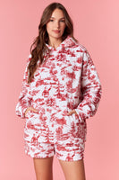 Peach Love Christmas Sight Print Quilted Velour Hooded Top in Crimson