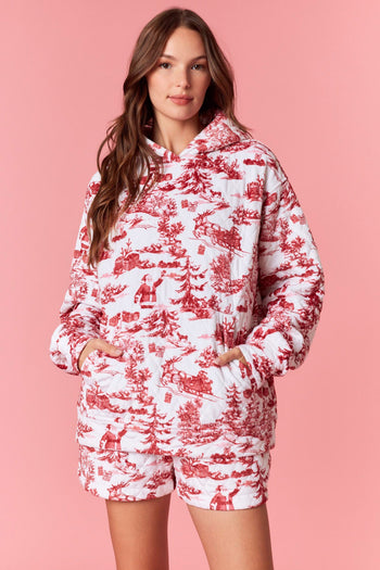 Peach Love Christmas Sight Print Quilted Velour Hooded Top in Crimson