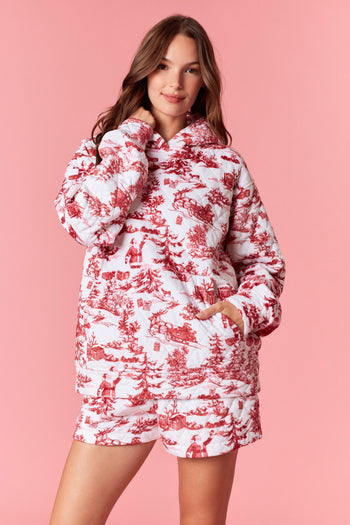 Peach Love Christmas Sight Print Quilted Velour Hooded Top in Crimson