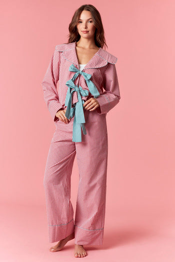 Peach Love Gingham Checkered Plaid Holiday Pajamas with Striped Bows in Red/Green