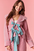 Peach Love Gingham Checkered Plaid Holiday Pajamas with Striped Bows in Red/Green