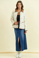 Doe & Rae Floral Embroidered Quilted Puff Jacket with Vegan Leather Details in Ivory/Brown