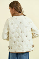 Doe & Rae Floral Embroidered Quilted Puff Jacket with Vegan Leather Details in Ivory/Brown
