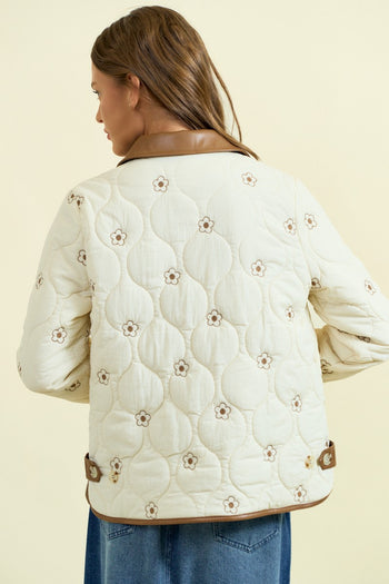 Doe & Rae Floral Embroidered Quilted Puff Jacket with Vegan Leather Details in Ivory/Brown