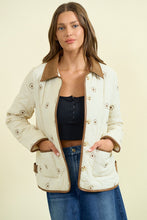 Load image into Gallery viewer, Doe &amp; Rae Floral Embroidered Quilted Puff Jacket with Vegan Leather Details in Ivory/Brown

