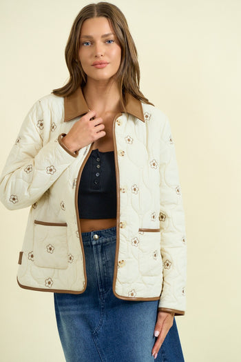 Doe & Rae Floral Embroidered Quilted Puff Jacket with Vegan Leather Details in Ivory/Brown